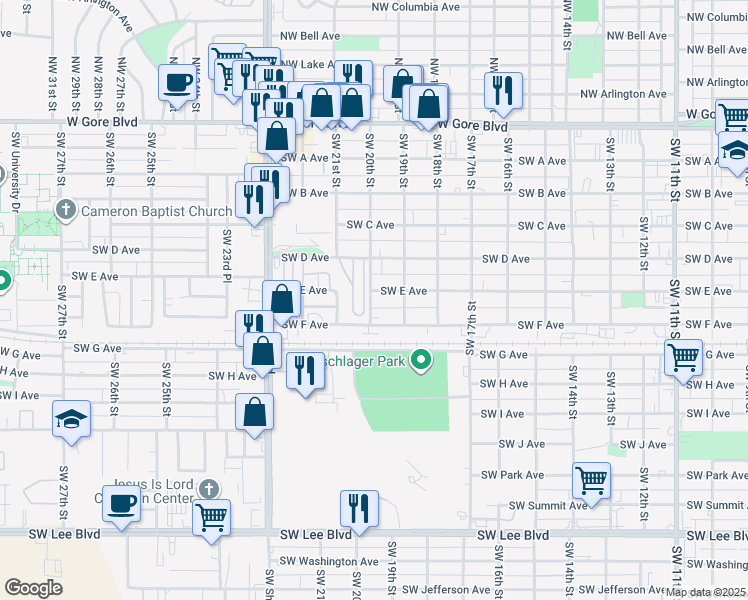 map of restaurants, bars, coffee shops, grocery stores, and more near 551-599 Southwest 20th Street in Lawton