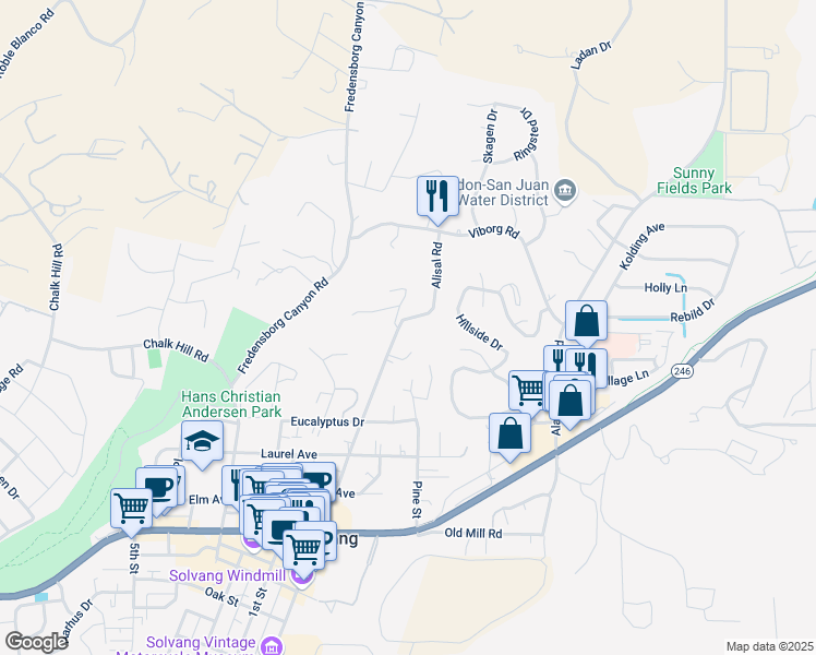 map of restaurants, bars, coffee shops, grocery stores, and more near 1729 Vigard Drive in Solvang