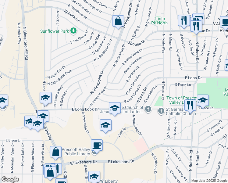map of restaurants, bars, coffee shops, grocery stores, and more near 7561 East Las Flores Avenue in Prescott Valley