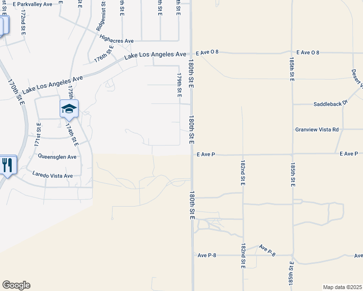 map of restaurants, bars, coffee shops, grocery stores, and more near 179th Street East in Palmdale