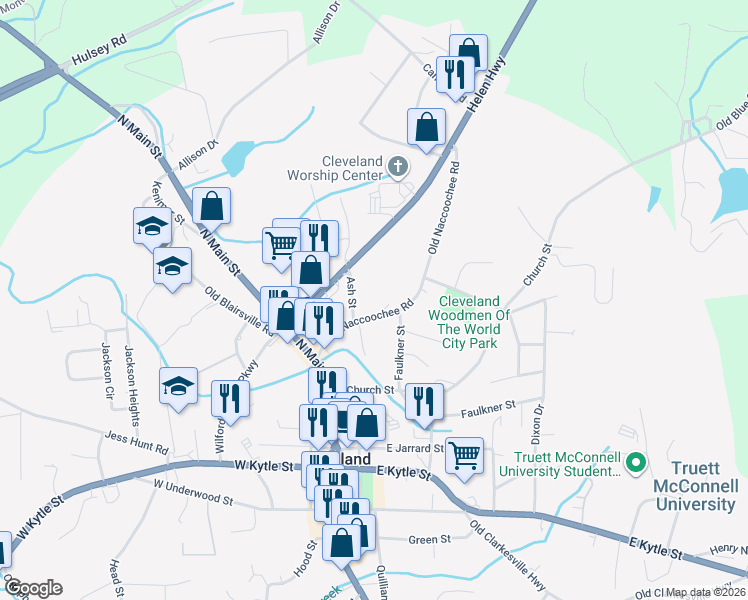 map of restaurants, bars, coffee shops, grocery stores, and more near 195 Nacoochee in Cleveland