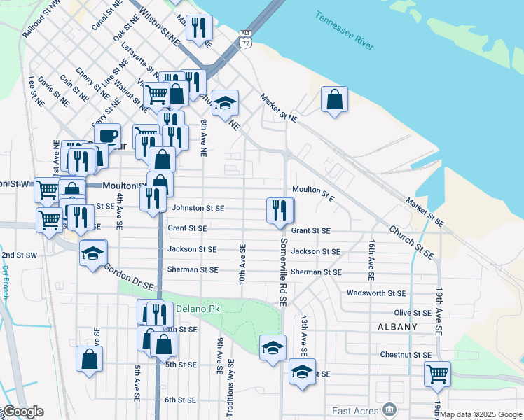 map of restaurants, bars, coffee shops, grocery stores, and more near 1004 Grant Street Southeast in Decatur
