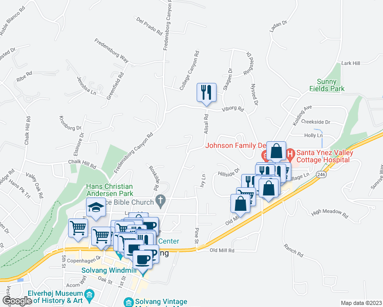 map of restaurants, bars, coffee shops, grocery stores, and more near 740 Alisal Road in Solvang