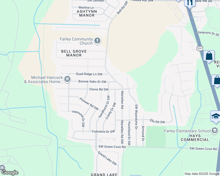map of restaurants, bars, coffee shops, grocery stores, and more near 13907 Sandhurst Drive Southwest in Huntsville