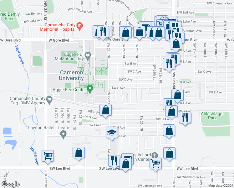 map of restaurants, bars, coffee shops, grocery stores, and more near 608 Southwest 26th Place in Lawton