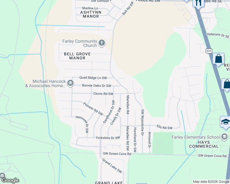 map of restaurants, bars, coffee shops, grocery stores, and more near 13907 Sandhurst Drive Southwest in Huntsville