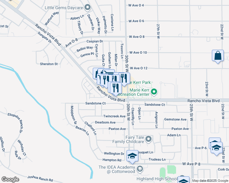 map of restaurants, bars, coffee shops, grocery stores, and more near 3011 Rancho Vista Boulevard in Palmdale
