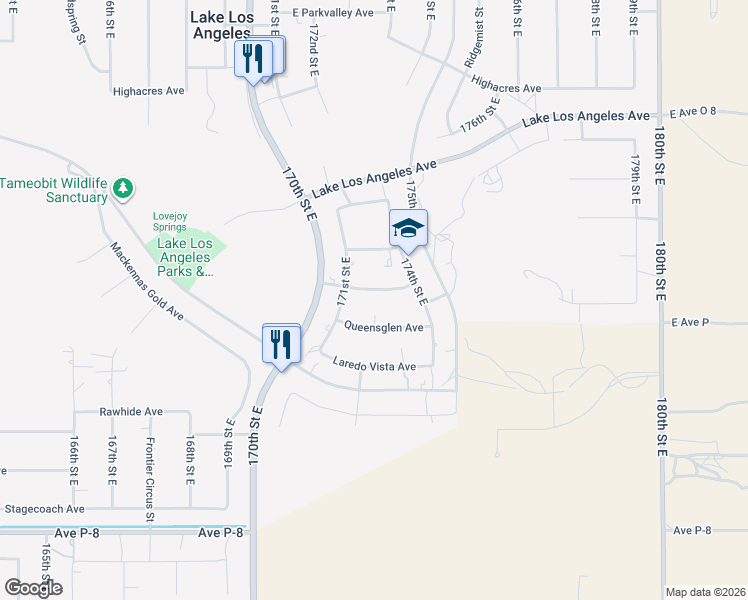 map of restaurants, bars, coffee shops, grocery stores, and more near 17204 Longmeadow Avenue in Palmdale