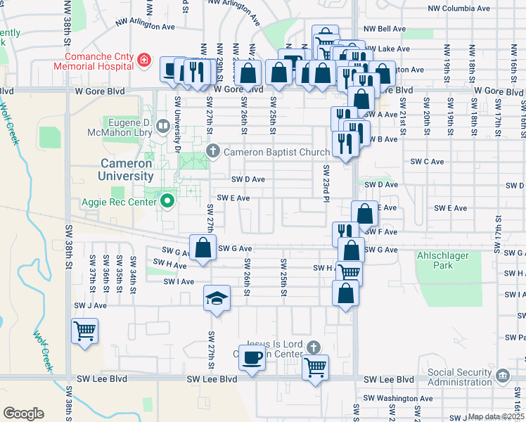 map of restaurants, bars, coffee shops, grocery stores, and more near 2513A Southwest East Avenue in Lawton