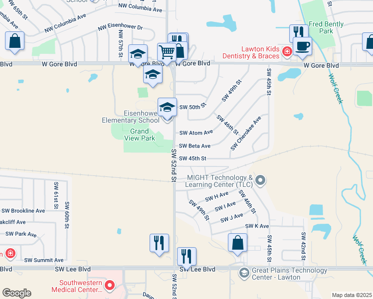 map of restaurants, bars, coffee shops, grocery stores, and more near 4638 Southwest Beta Avenue in Lawton