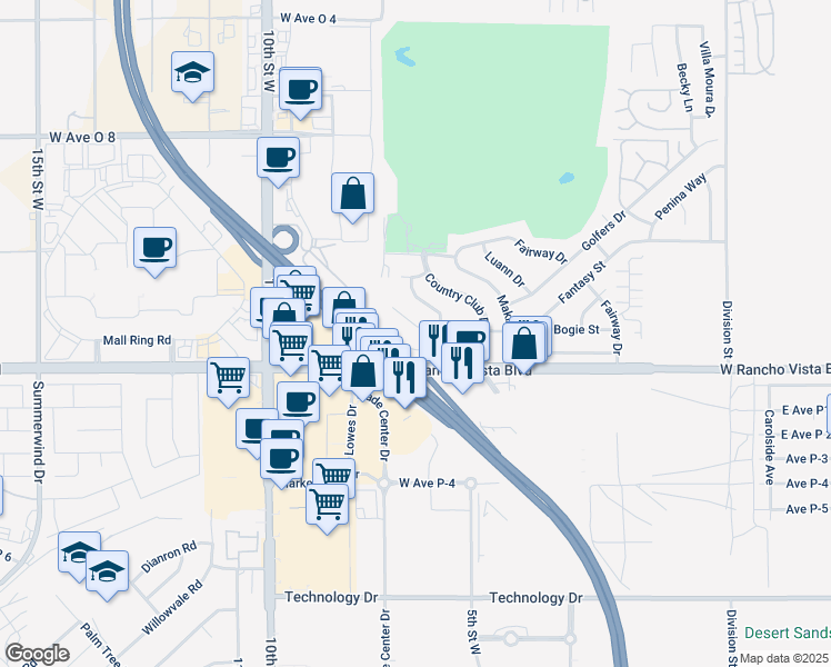 map of restaurants, bars, coffee shops, grocery stores, and more near 624 Fantasy Street in Palmdale