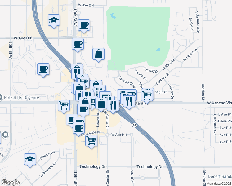map of restaurants, bars, coffee shops, grocery stores, and more near 624 Fantasy Street in Palmdale