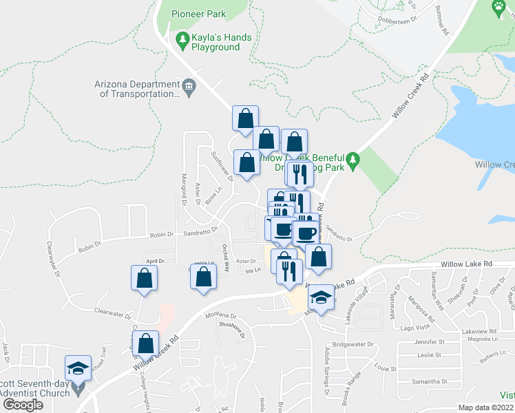 map of restaurants, bars, coffee shops, grocery stores, and more near 1105 Sandretto Drive in Prescott