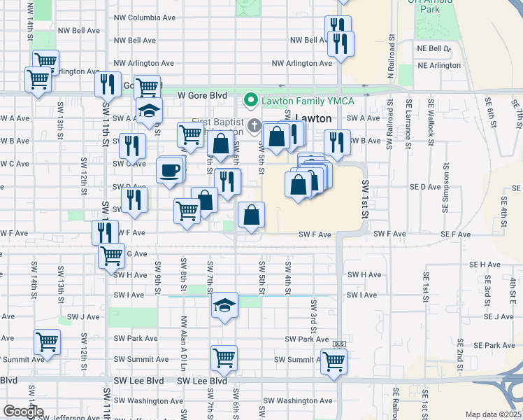 map of restaurants, bars, coffee shops, grocery stores, and more near in Lawton