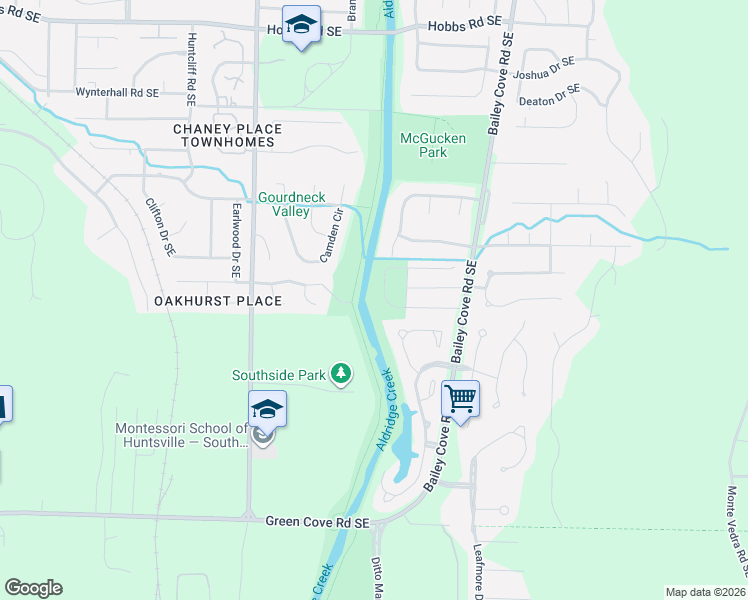 map of restaurants, bars, coffee shops, grocery stores, and more near 1209 Meadow Park Drive Southeast in Huntsville