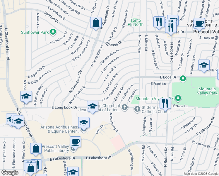 map of restaurants, bars, coffee shops, grocery stores, and more near 7643 East Cocopah Drive in Prescott Valley