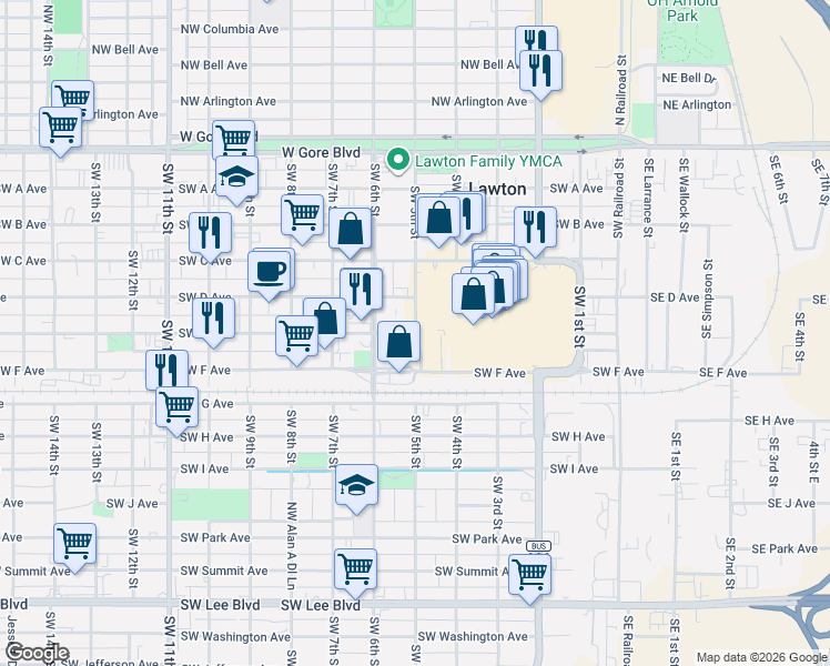 map of restaurants, bars, coffee shops, grocery stores, and more near in Lawton