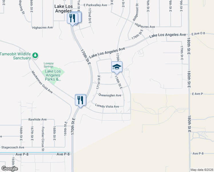 map of restaurants, bars, coffee shops, grocery stores, and more near 17204 Longmeadow Avenue in Palmdale