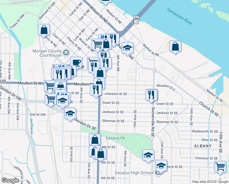 map of restaurants, bars, coffee shops, grocery stores, and more near 104 8th Avenue Southeast in Decatur
