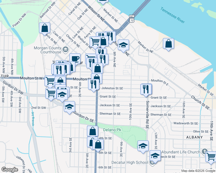map of restaurants, bars, coffee shops, grocery stores, and more near 619 Moulton Street East in Decatur
