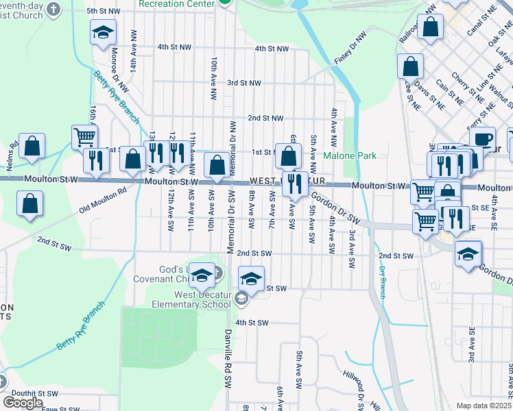 map of restaurants, bars, coffee shops, grocery stores, and more near 216 8th Avenue Southwest in Decatur
