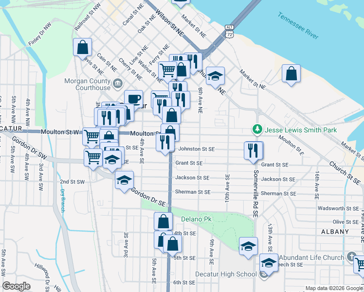 map of restaurants, bars, coffee shops, grocery stores, and more near 619 Moulton Street East in Decatur