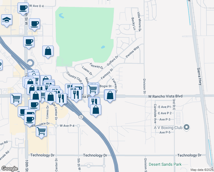 map of restaurants, bars, coffee shops, grocery stores, and more near 39700 Hook Street in Palmdale