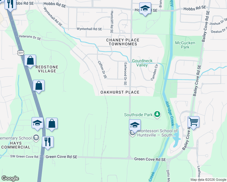 map of restaurants, bars, coffee shops, grocery stores, and more near 2518 Oak Place Drive Southeast in Huntsville