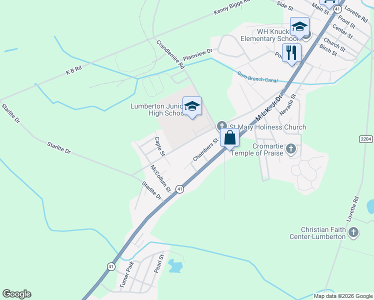 map of restaurants, bars, coffee shops, grocery stores, and more near 89 Marion Road in Lumberton