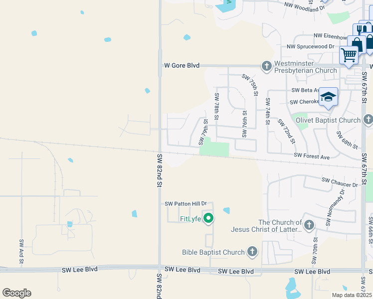 map of restaurants, bars, coffee shops, grocery stores, and more near 7914 Southwest Forest Avenue in Lawton