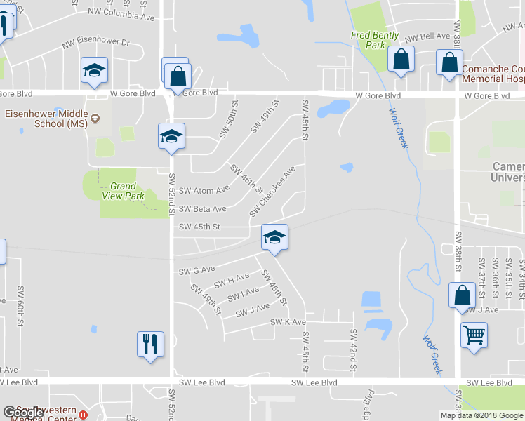 map of restaurants, bars, coffee shops, grocery stores, and more near 4532 Southwest Cherokee Avenue in Lawton