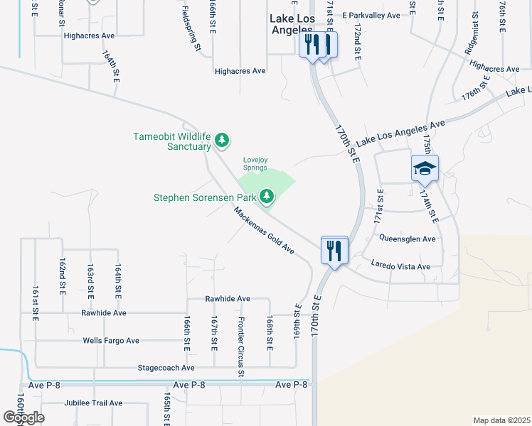 map of restaurants, bars, coffee shops, grocery stores, and more near East Avenue P in Lake Los Angeles