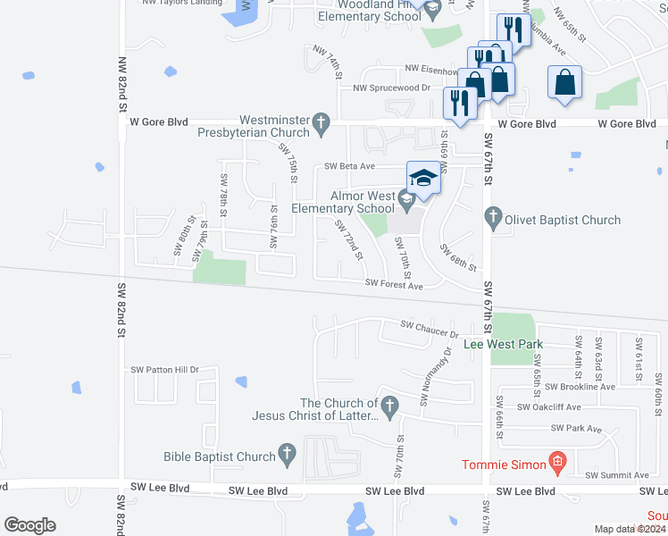 map of restaurants, bars, coffee shops, grocery stores, and more near 403 Southwest Forest Place in Lawton