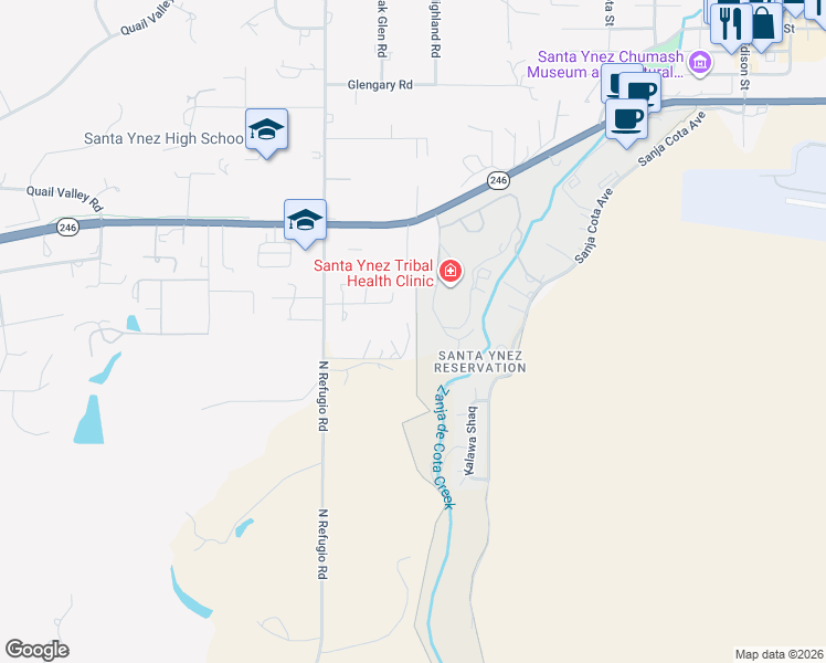 map of restaurants, bars, coffee shops, grocery stores, and more near 3106 Redondo Court in Santa Ynez