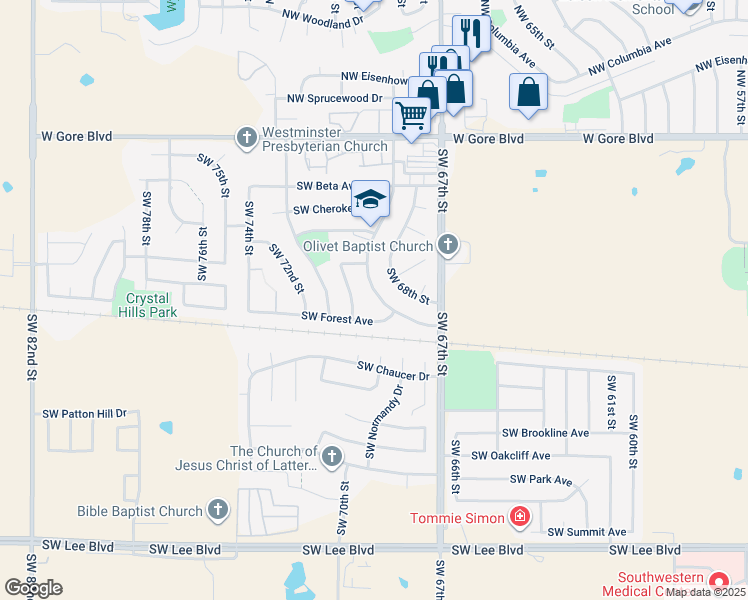 map of restaurants, bars, coffee shops, grocery stores, and more near 515 Southwest 69th Street in Lawton