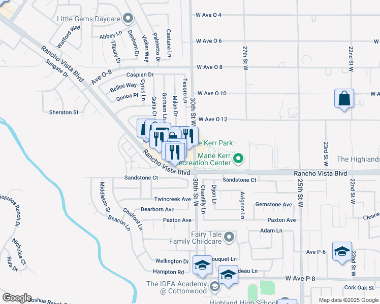 map of restaurants, bars, coffee shops, grocery stores, and more near 3011 Rancho Vista Boulevard in Palmdale
