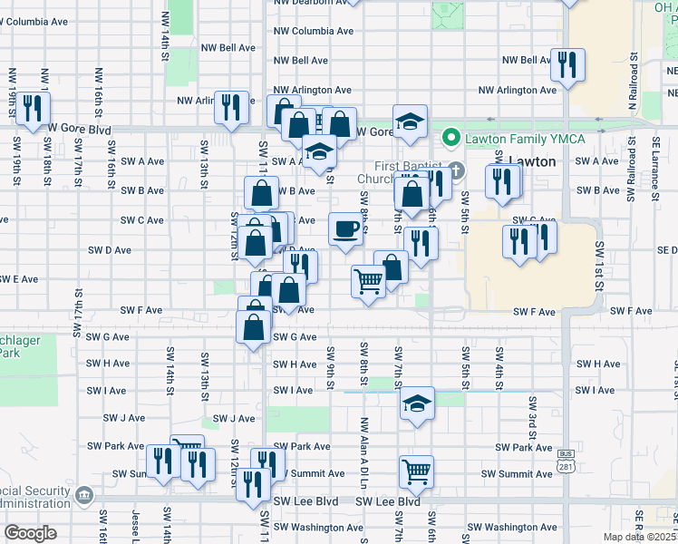 map of restaurants, bars, coffee shops, grocery stores, and more near 414 Southwest 9th Street in Lawton