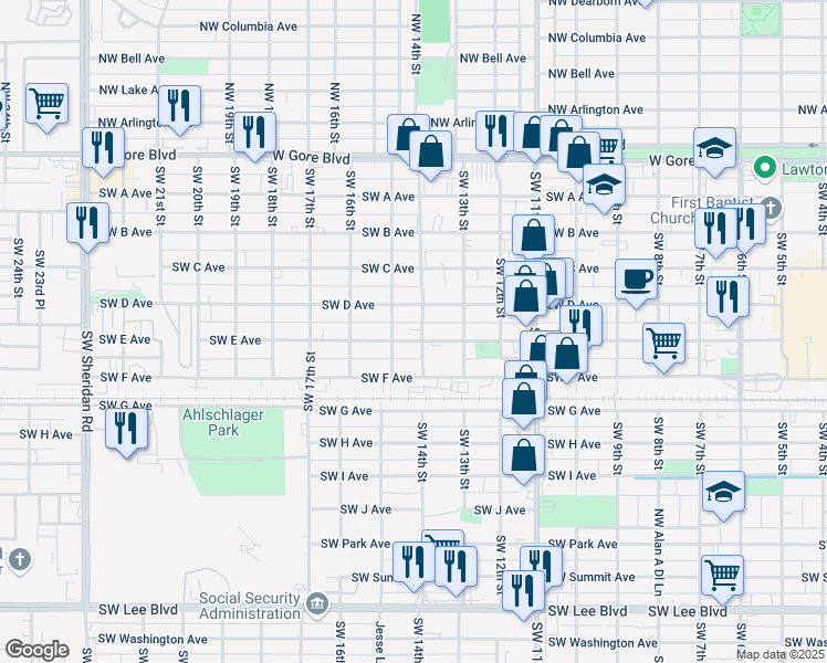 map of restaurants, bars, coffee shops, grocery stores, and more near 1314 Southwest D Avenue in Lawton