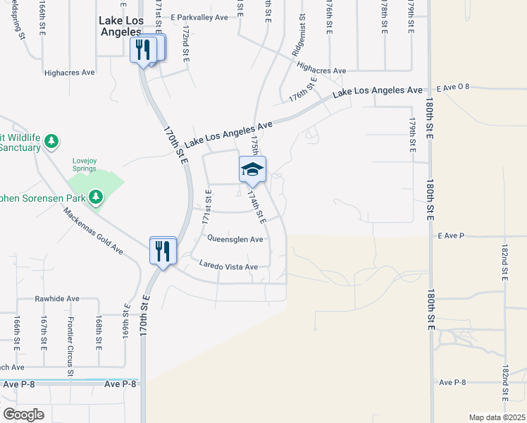 map of restaurants, bars, coffee shops, grocery stores, and more near 39646 174th Street East in Palmdale