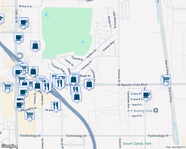map of restaurants, bars, coffee shops, grocery stores, and more near 305 Bogie Street in Palmdale