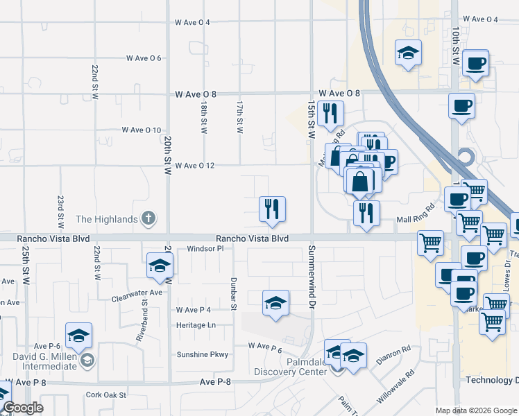 map of restaurants, bars, coffee shops, grocery stores, and more near 39667 Dover Drive in Palmdale