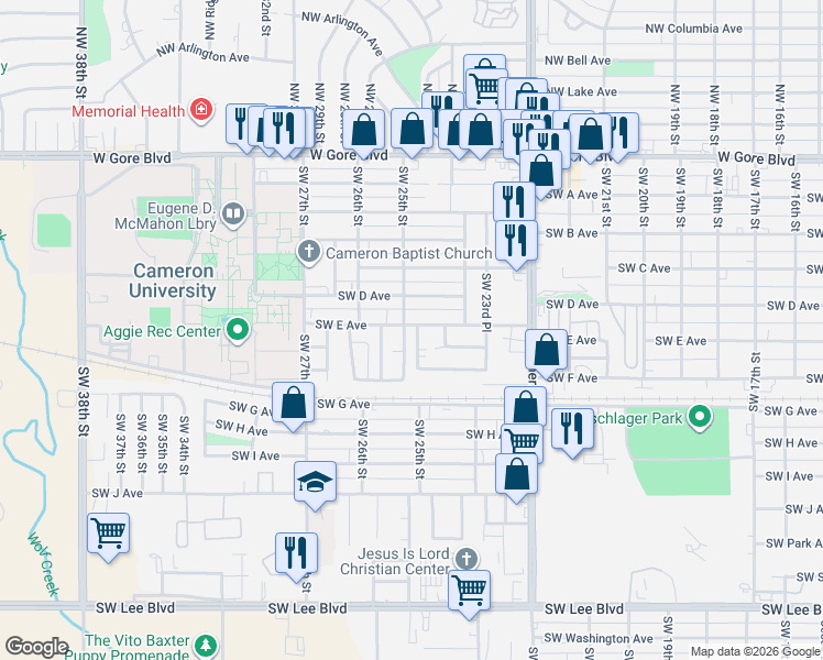 map of restaurants, bars, coffee shops, grocery stores, and more near 2425 Southwest East Avenue in Lawton