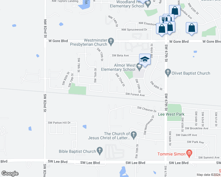 map of restaurants, bars, coffee shops, grocery stores, and more near 410 Southwest 74th Street in Lawton