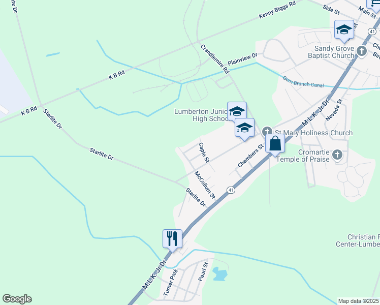 map of restaurants, bars, coffee shops, grocery stores, and more near 403 McCollum Street in Lumberton