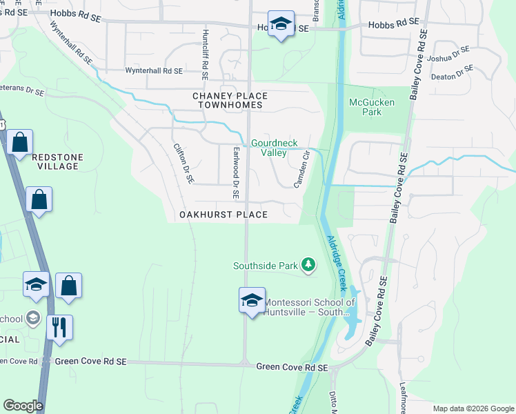 map of restaurants, bars, coffee shops, grocery stores, and more near 1008 Brisbane Lane Southeast in Huntsville