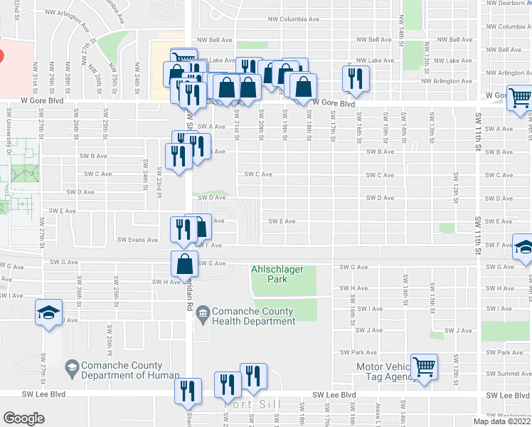map of restaurants, bars, coffee shops, grocery stores, and more near 406 Southwest 20th Street in Lawton