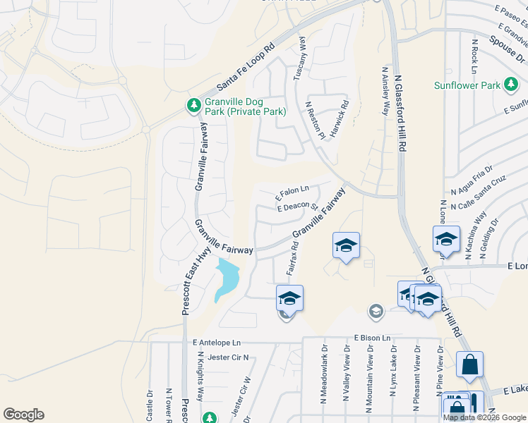 map of restaurants, bars, coffee shops, grocery stores, and more near 6385 East Deacon Street in Prescott Valley