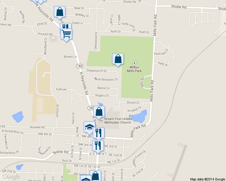 map of restaurants, bars, coffee shops, grocery stores, and more near 97 Bame Cir in Bryant