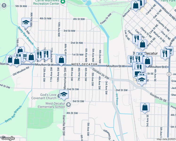 map of restaurants, bars, coffee shops, grocery stores, and more near 205 6th Avenue Southwest in Decatur