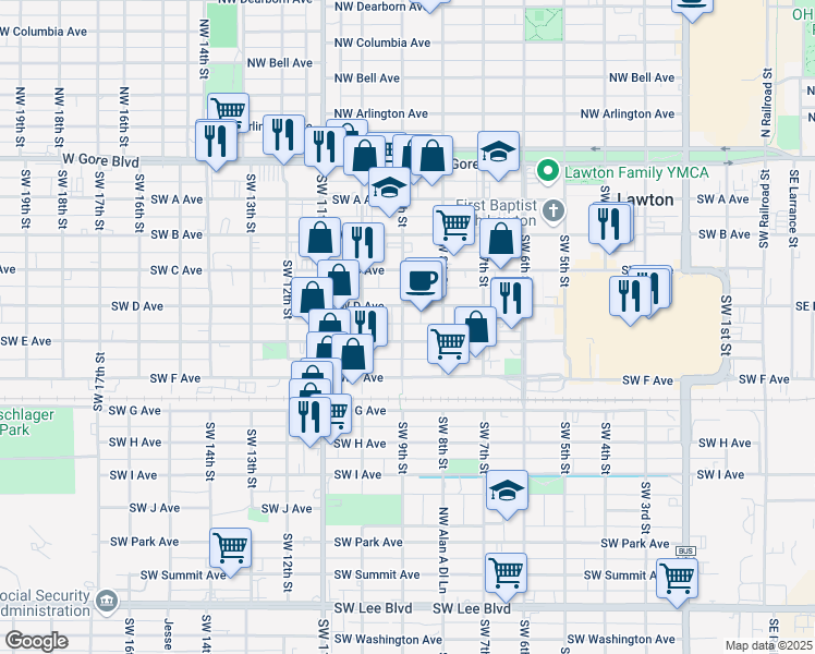 map of restaurants, bars, coffee shops, grocery stores, and more near 414 Southwest 9th Street in Lawton
